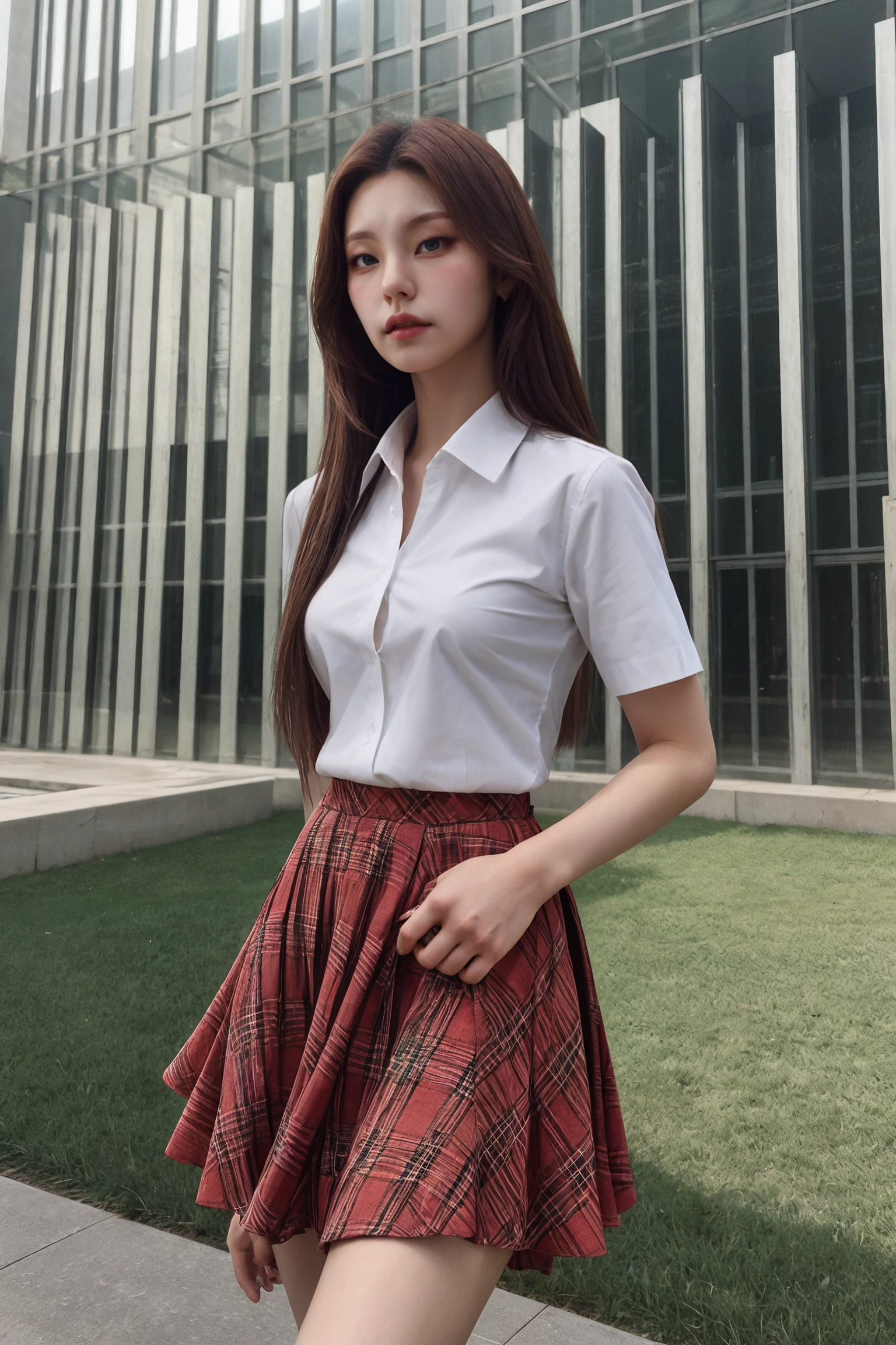 (cinematic light), [extremely detailed background], 1girl, solo, , [long hair, brown hair],skirt, brown hair, shirt, jewelry, standing, white shirt, earrings, necktie, collared shirt, white skirt, realistic, plaid necktie, hwangyeji <lora:Yejiv2-000006:0.95>