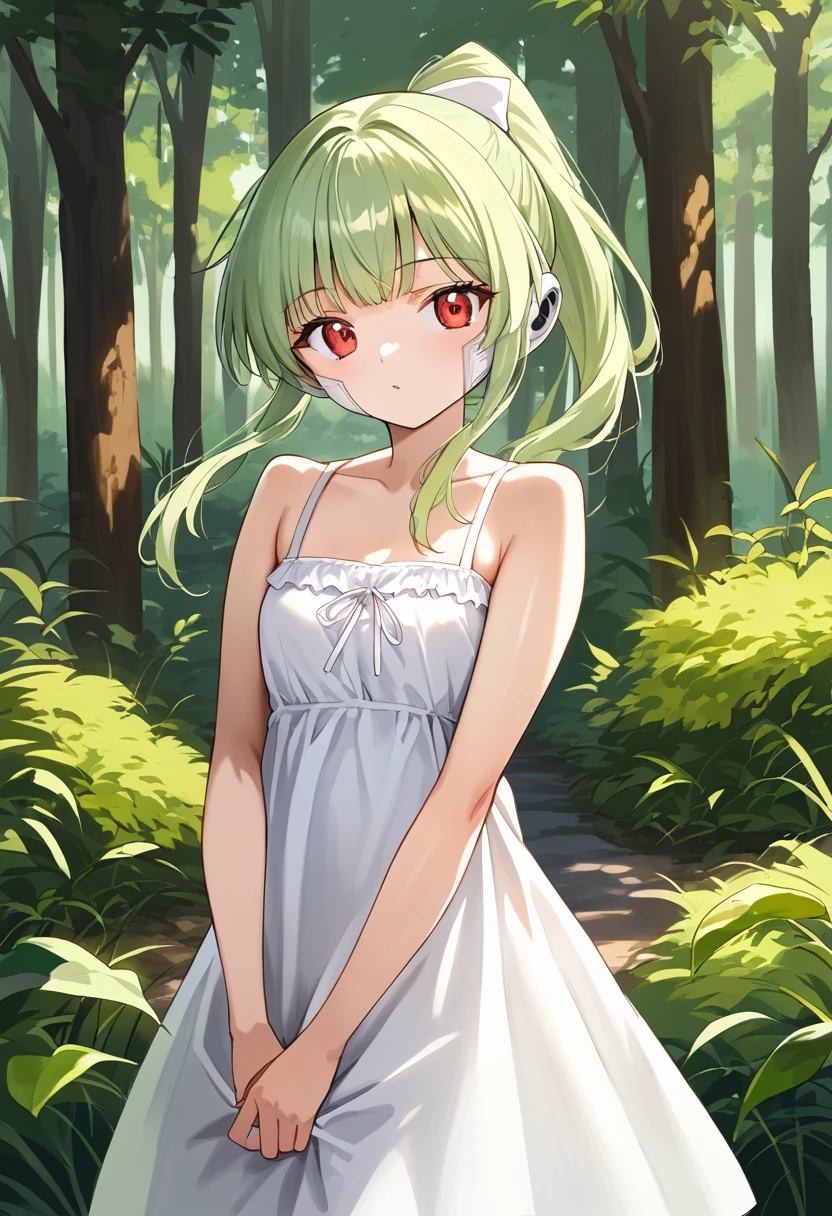 score_9, score_8_up, score_7_up, source_anime BREAK 1girl, solo, ga_vanilla, cowboy shot, white sundress, bare shoulders, green hair, ponytail, sidelocks, bangs, red eyes, looking at you, forest <lora:ga_vanilla:1>