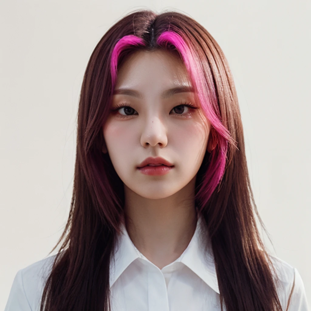 (cinematic light), [plain white background], 1girl, solo, (portrait, close-up), [long hair, black hair, pink hair], (white collared shirt), hwangyeji <lora:Yejiv2-000006:0.95>