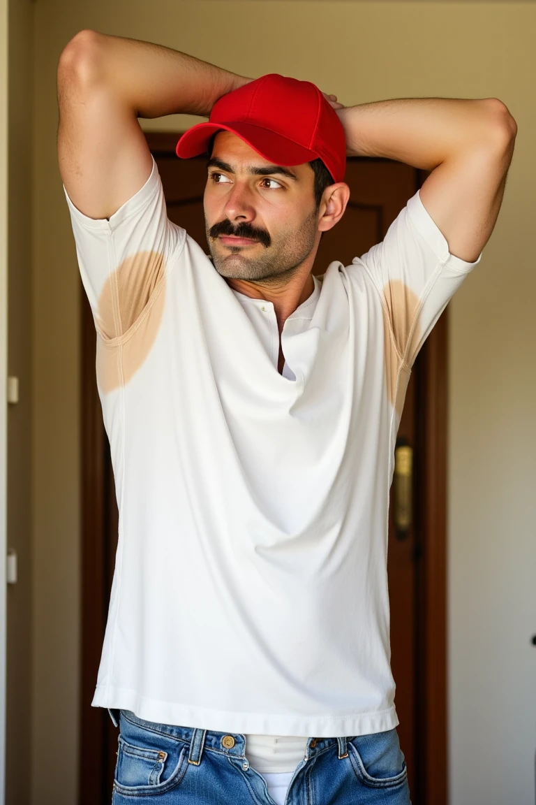 HD professional studio photo, A fit thin handsome 38 yo man wearing a white cotton t-shirt with sweat and a red baseball cap is standing in a room with his arms behind his head. There is a door in the background with a doorknob and a window next to it. The man has a mustache and is looking to the side with a serious expression on his face. He is wearing jeans with an unbuttoned open zipper., his white underwear is showing below his slightly uplifted shirt, it's in evidence a light-yellowish
large
<lora:sweaty_shirt_flux_v5_010:0.85> sweat-spots-smudges on armpit. His armpit hair is popping out showing outside the shirt sleeves. The room is beautifully lit with warm and natural light. perfect eyes , skin blemish, detailed skin