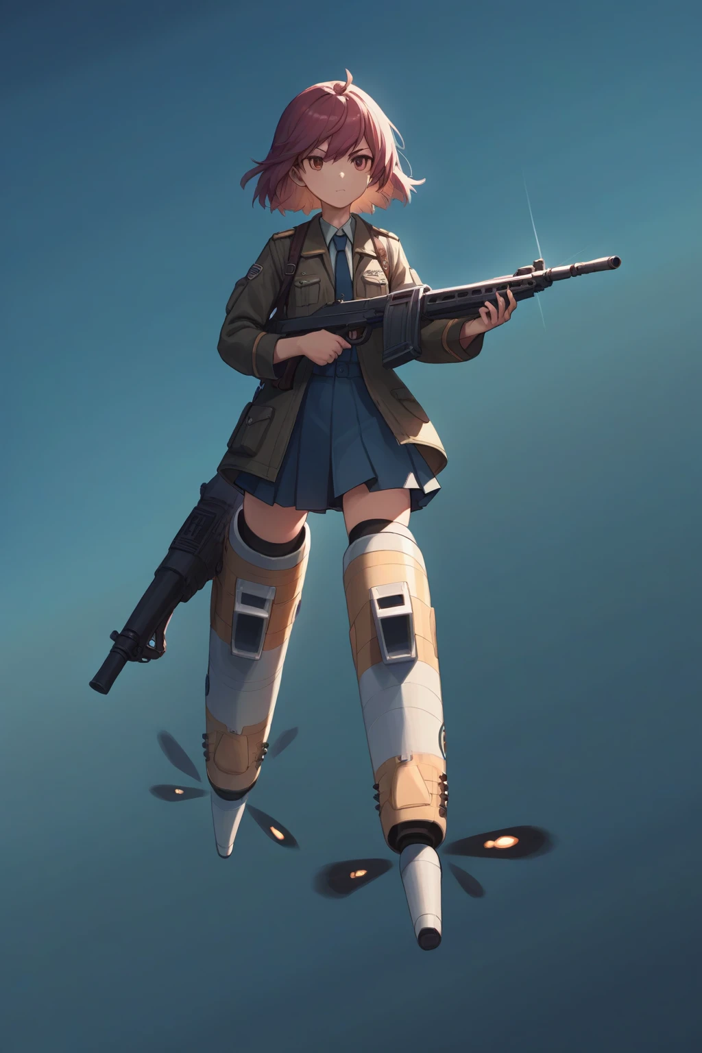 score_9, score_8_up, score_7_up, score_6_up, score_5_up, score_4_up, source_anime, rating_safe, 1girl, striker unit, flying, uniform,  holding gun, weapon