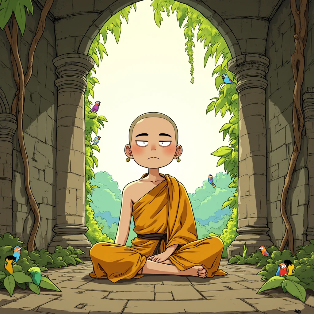A focused young monk in quiet meditation, sitting cross-legged amid ancient temple ruins draped in verdant jungle vines, as exotic birds provide a rhythmic chorus.Juaner_cartoon