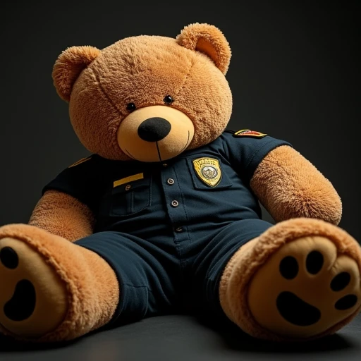 score_7_up, studio lighting, detailed, best quality, realistic, police officier sleeping on a giant teddy bear,