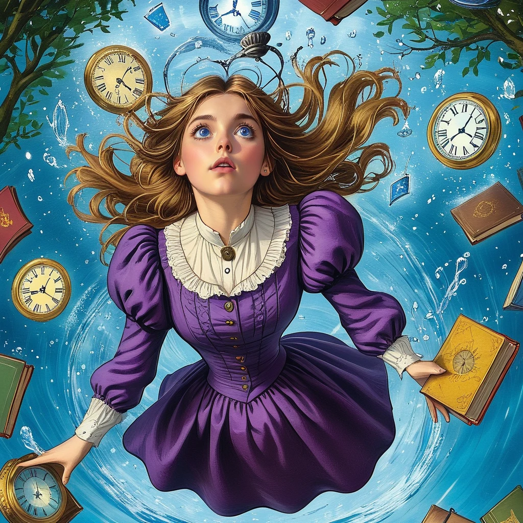 <lora:Wonderland:1>   ArsMJStyle, Wonderland, The image shows a blond woman in a purple victorian dress floating in the air surrounded by trees books clocks and other objects., 1girl, dress, book, solo, clock, blue eyes, brown hair, long hair, looking up, pocket watch, long sleeves, water, puffy sleeves, watch, lying