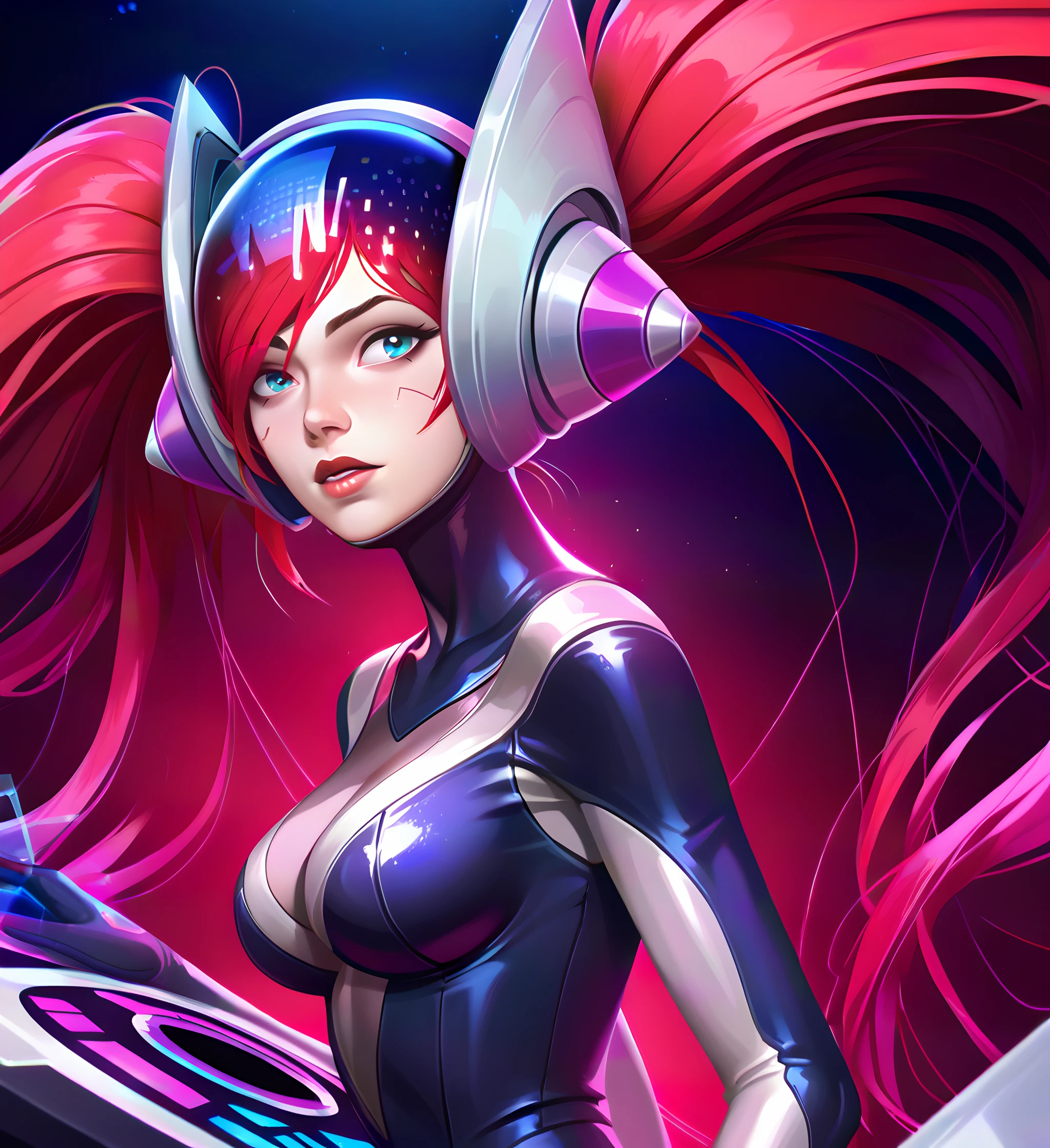 s0naDj, dj sona, 1girl, solo, long hair, red hair, large breasts, twintails, very long hair, bodysuit, helmet, robot, score_9, score_8, score_7, source_anime, zPDXL, <lora:arcan3styl3v1PonySDXL:0.35>, arcan3styl3v1, <lora:4rc4n3XLP:0.51>, 4rc4n3, <lora:Sona_DJ_Pony_v1:0.8>, dramatic light