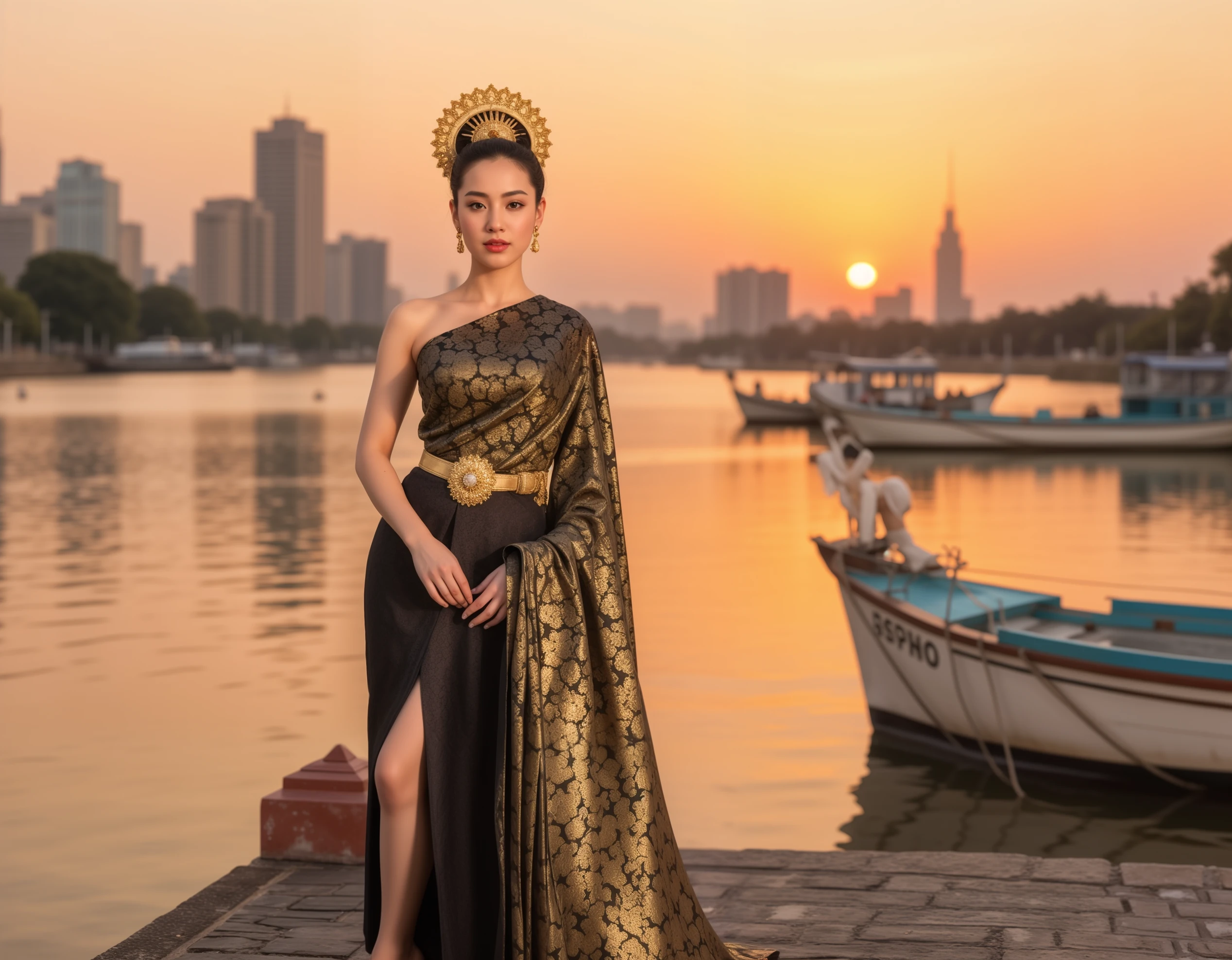 "Sabaithai, modern thai black and gold traditional dress by the Chao Phraya River, with sunset hues blending with the water." <lora:Thai_tradional_dress_Flux_-000005:0.85>