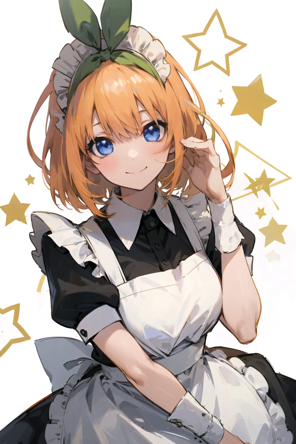 1girl,solo,Nakano Yotsuba,green hairband,bangs,black ribbon,smile,looking at viewer,white background,maid,maid apron,maid headdress,star \(symbol\),
<lora:NakanoYotsuba v1.2-000012:0.8>,masterpiece,best quality,