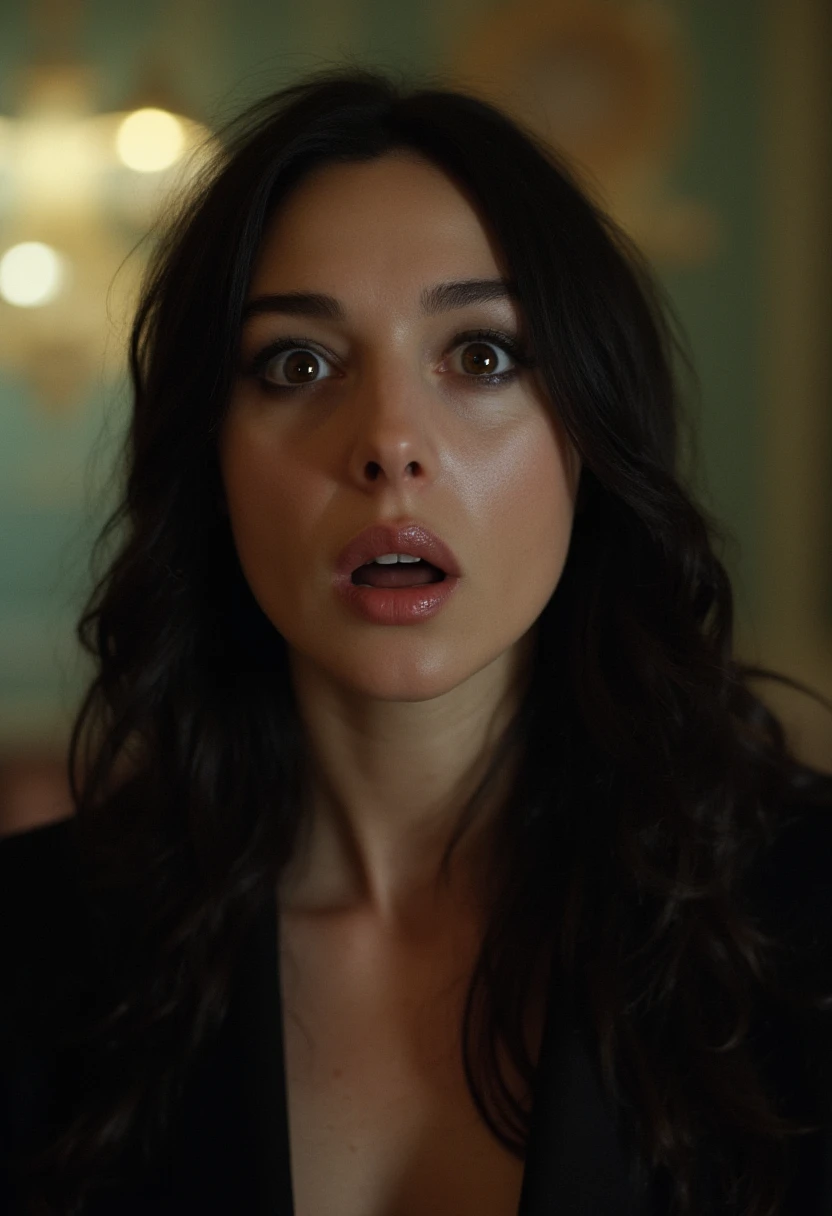 film grain, cinematic quality, monica bellucci as a character from the movie se7en, shocked, surprised, in the style of se7en, long hair, fine art photography, film still, movie scene, 