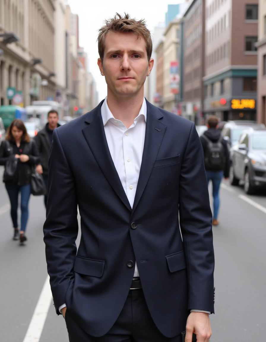 <lora:Linus_Sebastian_LoRA:1> LinusTechTips standing on the street wearing a suit holding a phone