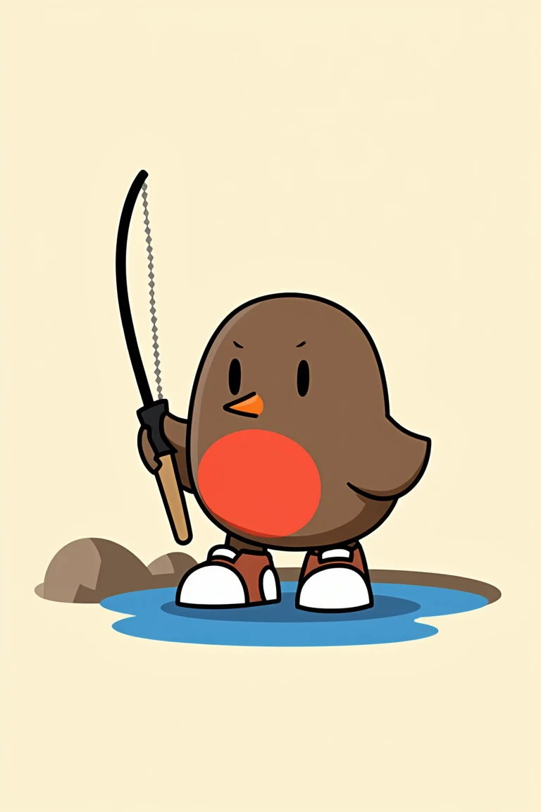 <lora:flux_tikibirdv2_000002200:1>a robin bird in the style of a tiki bird. it has small black eyes and is brown and gryt with a red belly. it is wearing white, brown and red shoes and is holding a fishing rod. it has a soft shadow underneath and is next to a lake