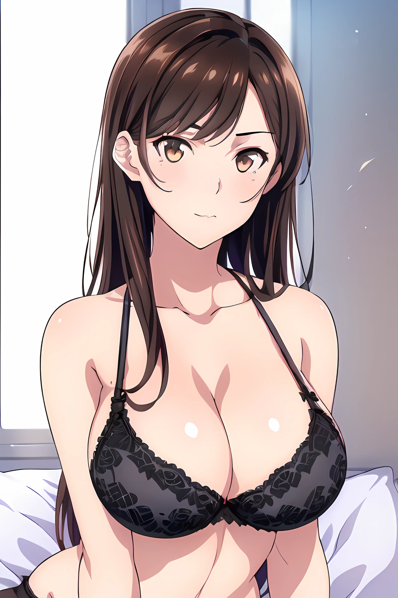 Simple Background,(White_Background:1.2),
dynamic pose,standing at attention,
garter belt, garter straps,thighhighs, underwear, Black bra,Black lingerie,
Black Lace bra,Black lingerie,Black Lace panties, cleavage, collarbone, bare shoulders,navel,Black pantyhose, 
<lora:Mizuhara_Chizuru_Kanokari-KK77-V1:0.7>,
brown eyes, brown hair,bangs,Long hair,Makeup, red lipstick, 
<lora:more_details:0.1>,<lora:NovelAI_YesMix5_KKStyle-KK77-Yes5-V1:0.3>,<lora:Oda_Non_Style2-KK77-Yes5-V1:0.3>,
1 girl, 20yo,Young female,Beautiful long legs,Beautiful body,
Beautiful Nose,Beautiful character design, perfect eyes, perfect face,expressive eyes,perfect balance,
looking at viewer,(Focus on her face),closed mouth, (innocent_big_eyes:1.0),(Light_Smile:0.3),
official art,extremely detailed CG unity 8k wallpaper, perfect lighting,Colorful, Bright_Front_face_Lighting,White skin,
(masterpiece:1.0),(best_quality:1.0), ultra high res,4K,ultra-detailed,
photography, 8K, HDR, highres, absurdres:1.2, Kodak portra 400, film grain, blurry background, bokeh:1.2, lens flare, (vibrant_color:1.2),professional photograph,
(Beautiful,large_Breasts:1.4), (beautiful_face:1.5),(narrow_waist),