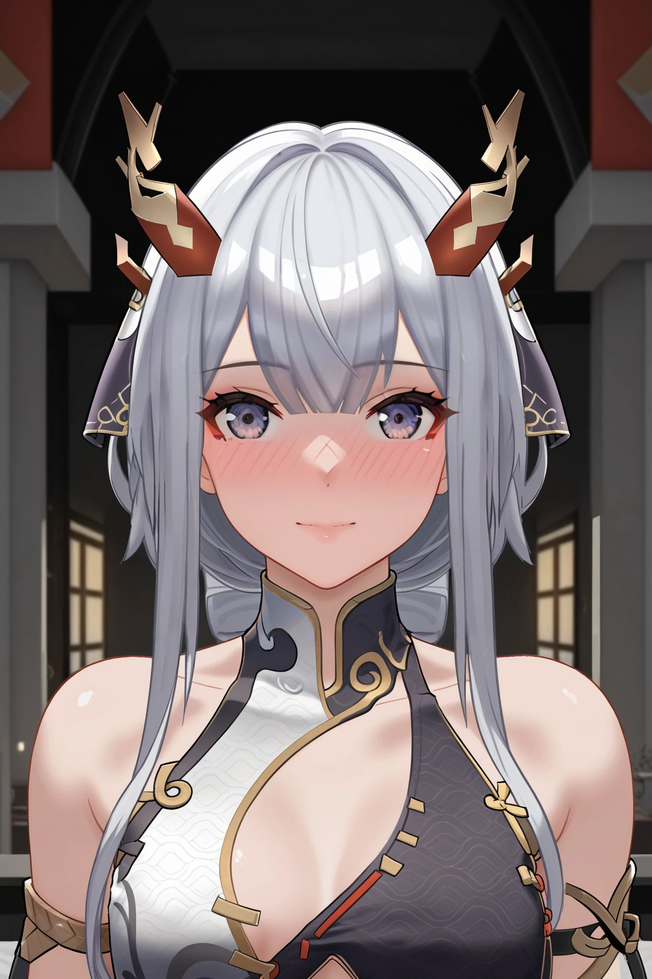 portrait, 1girl, solo, looking_at_viewer, embarrassed_nose_blush_smile, <lora:sb-Chenxing-EtherealCloud-InkstrokeDragoness_PonyXL_cha_v01:0.7> sb-chengxing-ecid, dress, horns, armlet, makeup