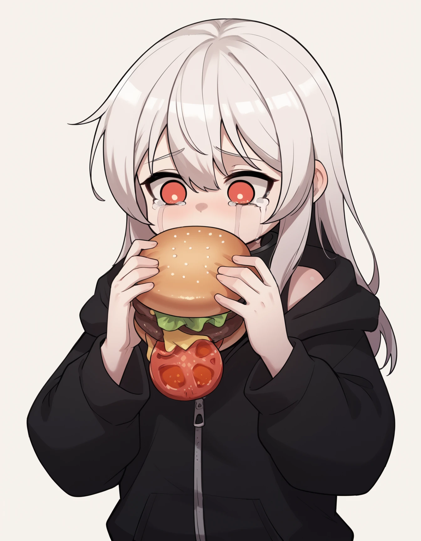 zPDXL2, score_9, score_8_up, score_7_up,
1girl,  solo, <lora:LiebePony:1> LiebeHouse, child, white hair, red eyes,long hair, slave metal collar, flat chest
oversized clothes, black hoodie, t-shirt, closed hoodie, zipper, hood down, long sleeves,
burger malfunction,  crying  <lora:Burger_Malfunction-PonyXL-1024px:0.8>