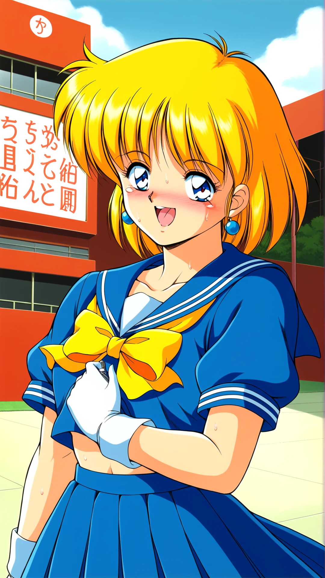 <lora:2023Vbusguide:1.2>,busguide,yellow hair,pose,short hair,grin,