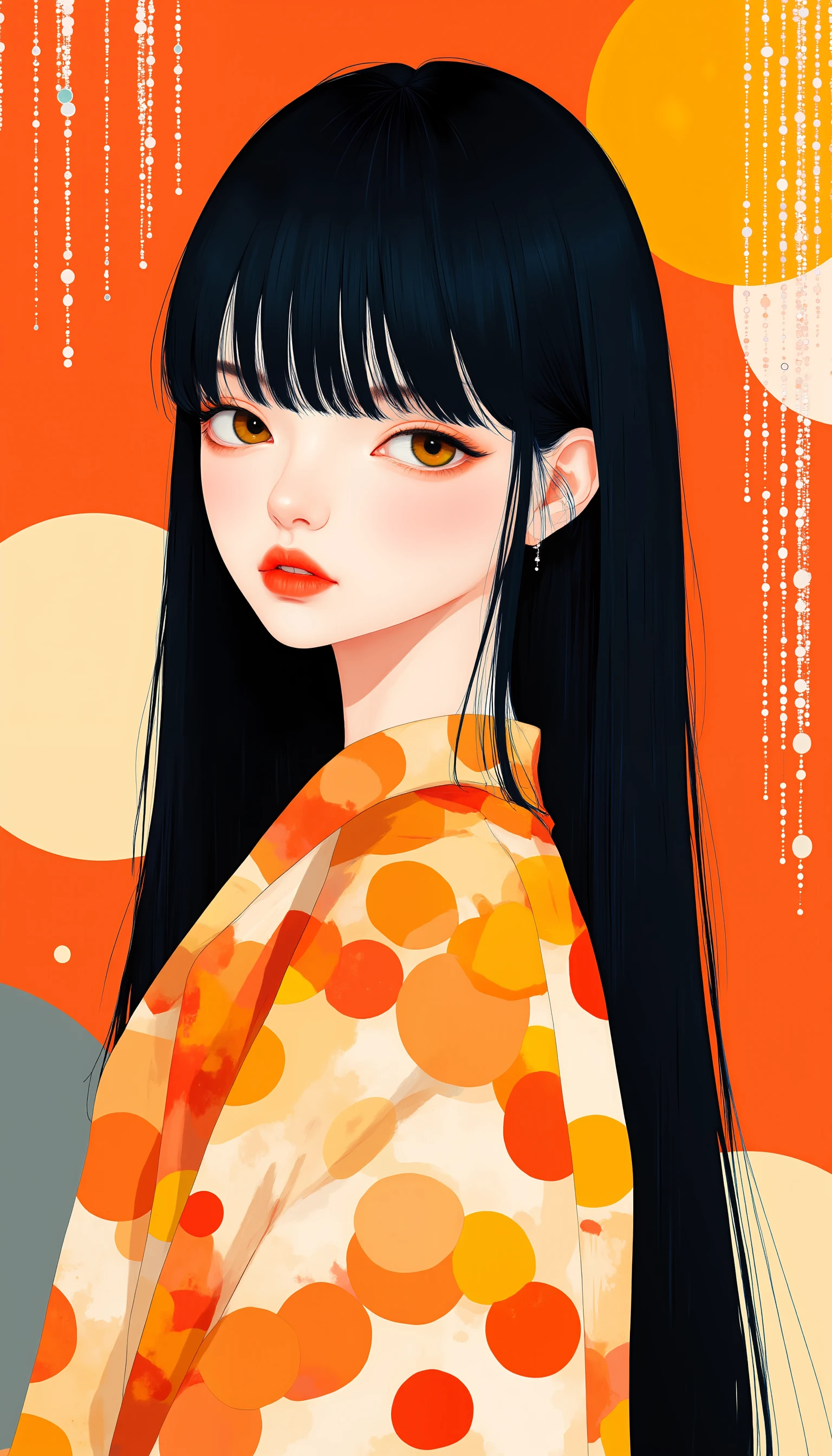 This is a fantasy-themed illustration featuring a colorful and minimalistic style. The focus is on a cute Japanese girl, embodying the kawaii aesthetic often seen in idols, with an innocent and simple appearance. The artwork emphasizes clean lines, smooth curves, and sleek contours, with bold outlines, crisp shapes, and sharp edges. It is designed in a fashion editorial style, merging high fashion with a trendy, stylish, and professional look. The overall composition is uncluttered, balancing simplicity with high detail, and presented in a way that mirrors the aesthetics of a fashion magazine. A beautiful woman with tiger yellow eyes reminiscent of vintage Western dolls appears. In contrast, her hair is jet black, reminiscent of a traditional Japanese doll. She wears retro yet modern clothing, and her avant-garde collage of fuzzy circles, large and small, inspired by traditional Japanese chiyogami paper, creates a unique, colorful, and distinctive visual. The clothing and background patterns are unique, large and small fuzzy round shapes, and the color schemes are pop, modern, nostalgic, and extremely colorful, making for a fascinating viewing experience.<lora:Midjourney_Whisper_Minimal:1>,