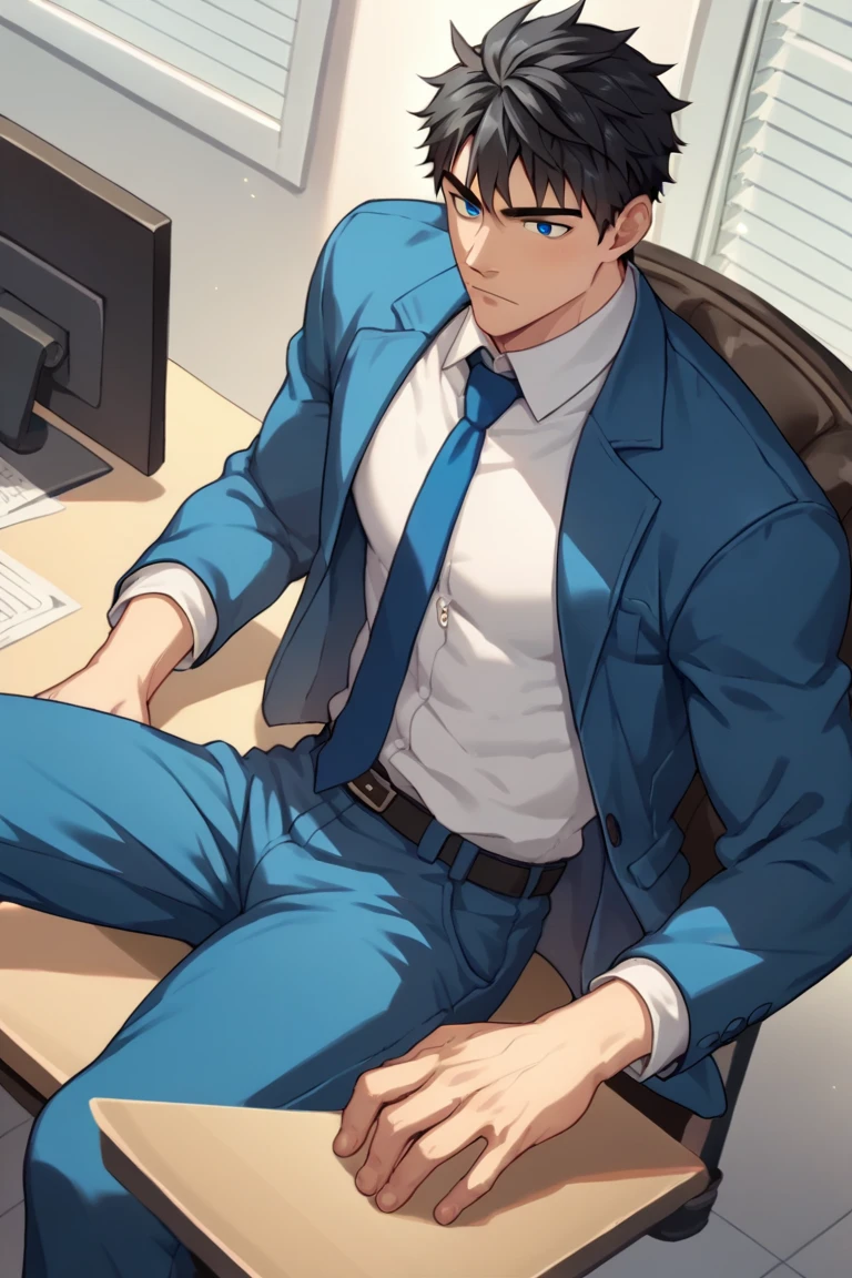 score_9, score_8_up, score_7_up, score_6_up,source_anime anime screencap, anime coloring, 1boy, solo, male focus, muscular, black hair, blue eyes, sitting over chair, office, blue suit, blue pants, blue tie, white shirt <lora:TomokiNakamoto:1> blue suit jacket