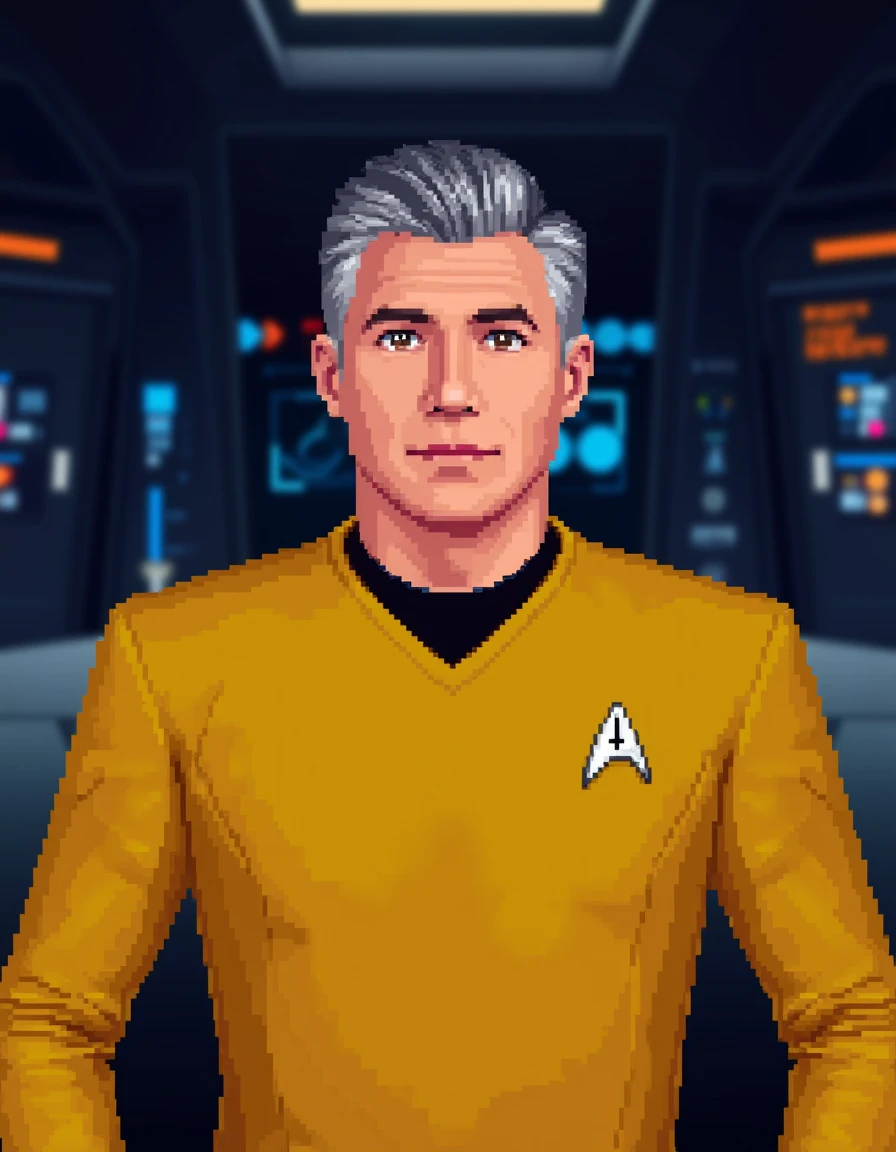 pixel-art breathtaking  <lora:pike-flux:0.6>  captain, , christopher, pike, star, trek, strange, new, worlds, man  4K resolution, Starfleet uniform yellow tshirt uniform, confident gaze, futuristic background, space-themed imagery . low-res, blocky, pixel art style, 8-bit graphics