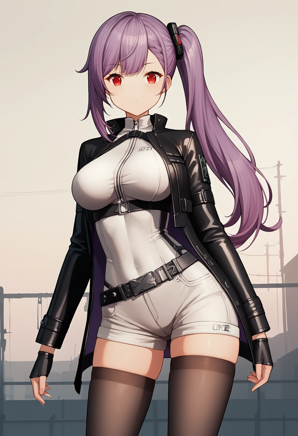 score_9, score_8_up, score_7_up,source_anime,anatomically correct,best perspective BREAK
 <lora:GF2style-000004:1.5> gf2style, 
1girl, purple hair, red eyes, side ponytail, long hair, large breasts, leather jacket, black thighhighs,