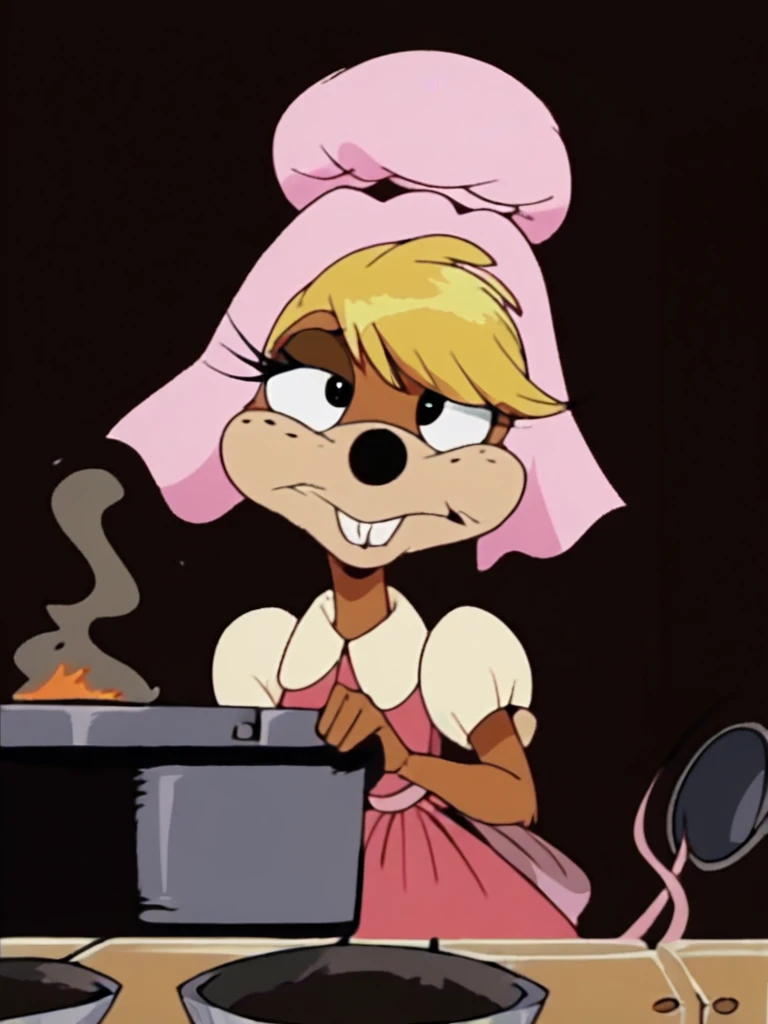 core_9, score_8_up, score_7_up, score_6_up, score_5_up, score_4_up, source_furry, female, mouse, Ms_Fieldmouse, buck teeth, swept bangs, hair bun, pink dress, cooking, cooking pot, stove, kitchen, detailed eyes, detailed face, <lora:ms-fieldmouse:1>