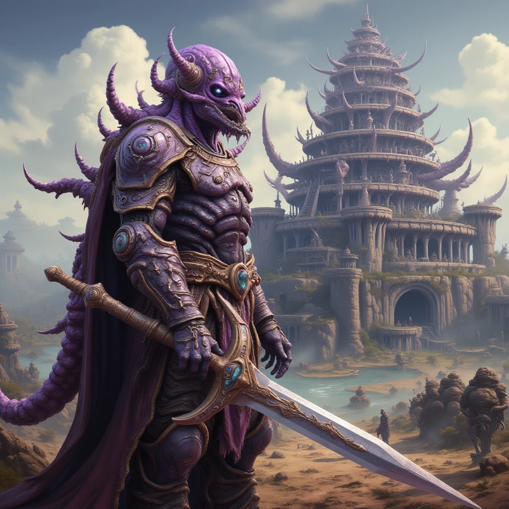 A warrior, holding a sword, in front of a giant palace, z3rg