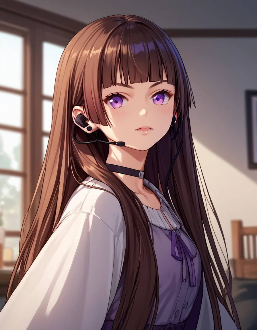 <lora:XilingJiyuan:1>,  score_9, score_8_up, score_7_up, score_6_up, score_5_up, score_4_up, source_anime,  , dynamic pose,  Xue, long hair, brown hair, purple eyes, earpiece, blunt bangs, black choker,