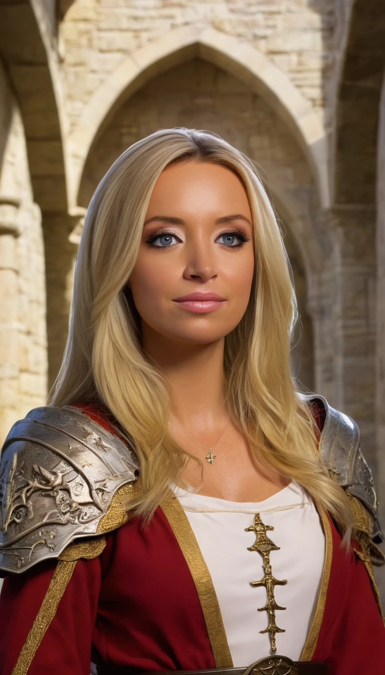 kayleigh mcenany,woman, dungeons & dragons knight, medieval city, castle, high priestess, ornate robes, beautiful face, dragon ball, lord of the rings, beautiful shadows, omar, salad, sabbas, james gurney, r<lora:Kayleigh McEnany SDXL:0.9>