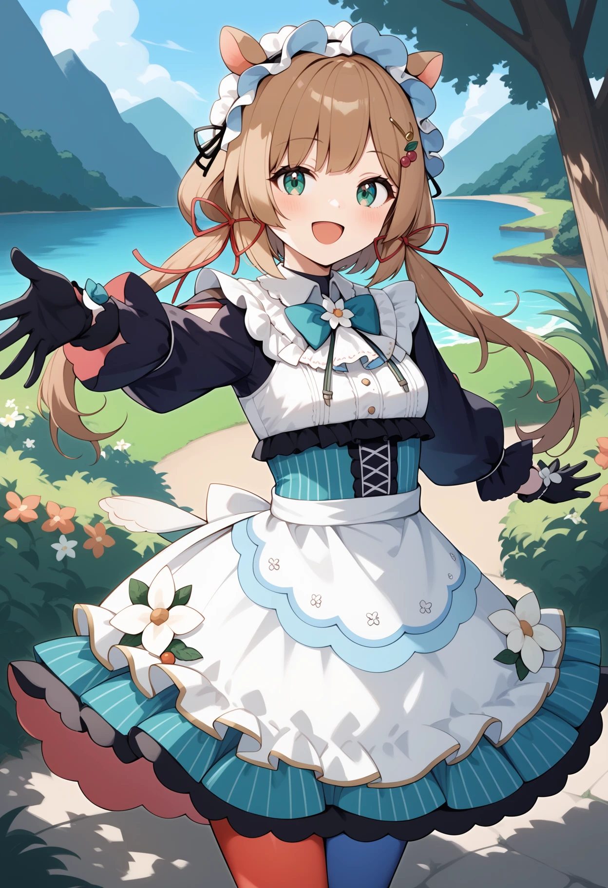 score_9, score_8_up, score_7_up, score_6_up, score_5_up, score_4_up, source_anime, aaeli, long hair, brown hair, low twintails, animal ears, headdress, hair ornament, green eyes, small breasts, aqua bowtie, frills, layered dress, white dress, black sleeves, black gloves, corset, asymmetrical legwear, blue pantyhose, red pantyhose, <lora:eli_conifer_ponyxl_v1:0.9>, outdoors, smile, open mouth, reaching, standing, cowboy shot,