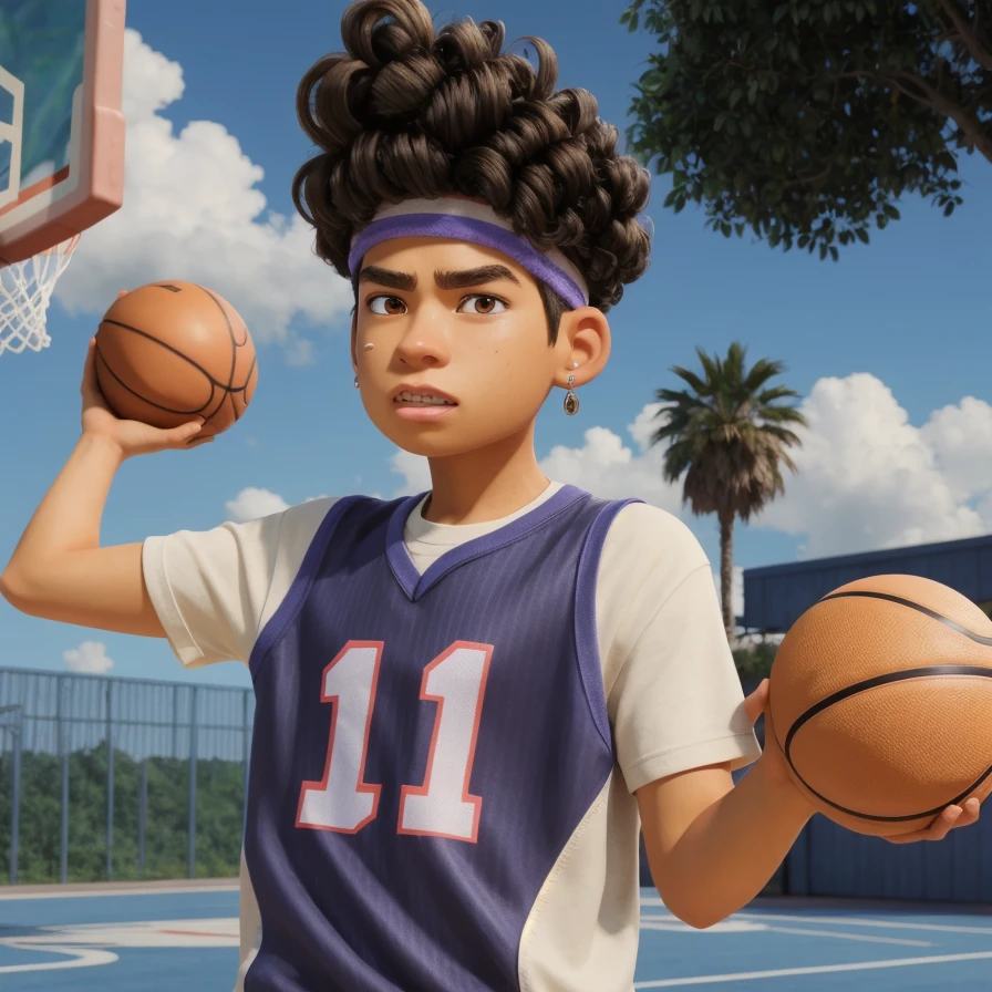 anime artwork of  <lora:Tyler Nguyen sd1.5:1>
Tyler Nguyen a cartoon character holding a basketball ball, cinematic animation, cartoon, anime, animation, art, solo, looking at viewer, short hair, shirt, brown hair, 1boy, holding, jewelry, brown eyes, male focus, outdoors, earrings, teeth, day, dark skin, headband, clenched teeth, ball, holding ball, basketball (object), basketball
, anime style, key visual, vibrant, studio anime,  highly detailed