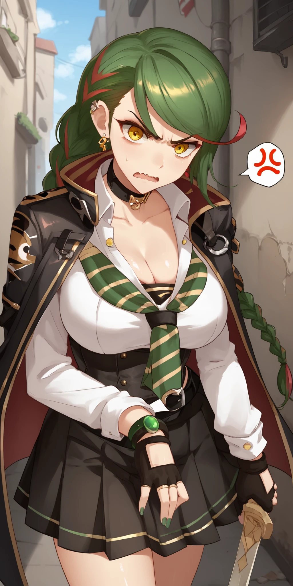 score_9, score_8_up, score_7_up, 1girl, mature female, shiny skin, <lora:Expressive_H:0.8>, <lora:Tiffany:0.8>,tiffany, green hair, yellow eyes, quad braids, streaked hair, red streaks, multiple earrings, black skirt, breasts, cleavage, fingerless gloves,holding, holding sword, black jacket, long sleeves, looking at viewer, pleated skirt, white shirt, solo, black belt, black collar, nail polish, bracelet, striped necktie, undone necktie, black corset, upset, angry, wavy mouth, jacket on shoulders, spoken anger vein,alley, outdoors,