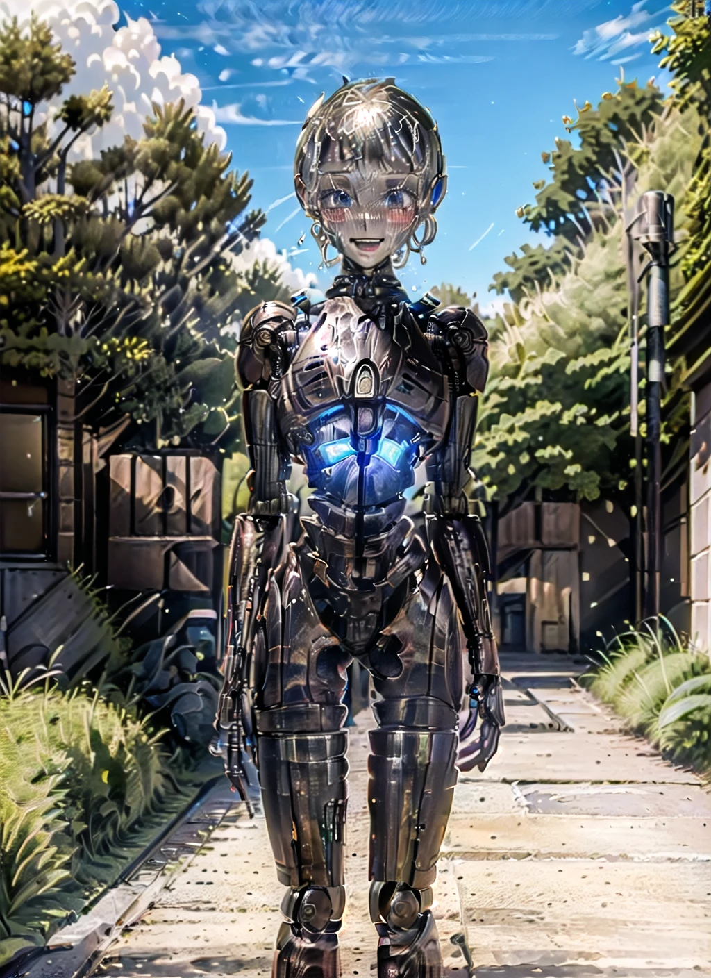 (highres, liquid metal face, silver face, cute face, nervous smile, 1girl, s-t-x(terminator), George Herbert McCord, chibi, looking to the next:1.4), (masterpiece, glowing robot ears, mechanical parts, endoskeleton, smiley face, robot girl:1.35), In this extremely detailed and intricate romanticism masterpiece, the artwork shows the scene a little robotic princess is standing at botanical garden of royal palace. This combat android is looking to the next siphonogamae at sides of a road of garden with curiosity, simutaneously inputting its visual information and analyzing it by her electronic brain. Polishing body of this blessed robot girl and inner intricate mechanical parts absorb sunlight and creates a stunning reflective sheen, revealing extreme beautiness added by god. (android, garden, terminator \(series\), glowing blue, terminator 3, chrome metal:1.75), wide shot, <lora:bstx-000002:0.53>