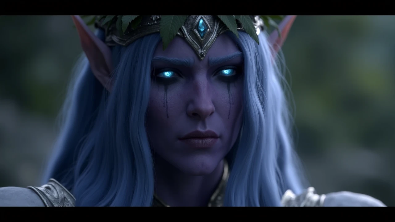 wrcrftcnmtc, cinemtaic, elf woman with dark purple skin and glowing cyan eyes, she have long blue hair, she wearing white dress with silver ornaments and head wreath made of leaves, film grain, dark fantasy <lora:sxz-Warcraft-Cinematic-Flux:1>