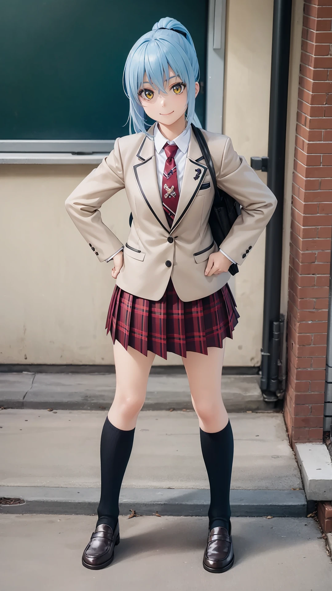 (masterpiece, best quality),ray tracing,absurdres, HDR,rimuru tempest, campus, skirt, 1girl,large breats,blue hair, school uniform, plaid skirt, necktie, long hair, smile, plaid, yellow eyes, bag, jacket, hand on hip, pleated skirt, full body, socks, ponytail, shoes, standing, blazer, looking at viewer, solo,, hair between eyes, loafers, school bag, red necktie, shirt, bangs, brown footwear, kneehighs, black socks, red skirt, white shirt, collared shirt, closed mouth, holding, long sleeves, miniskirt, <lora:rimuru campus:0.7>