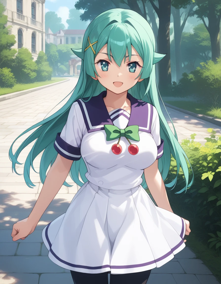 tesla_violet, long hair, hair ornament, aqua hair, green hair, aqua eyes, large breasts,
school uniform, white dress, green bow, serafuku, ribbon, pantyhose
<lora:tesla_violet_pony_v1:1>
standing, dynamic pose ,
open mouth, blush,light smile
looking at viewer,(cowboy shot,:1.3),
outdoors, score_9, score_8_up, score_7_up, BREAK source_anime, best quality, masterpiece,very aesthetic, zPDXL2,official art,detailed_eyes,1girl, solo,