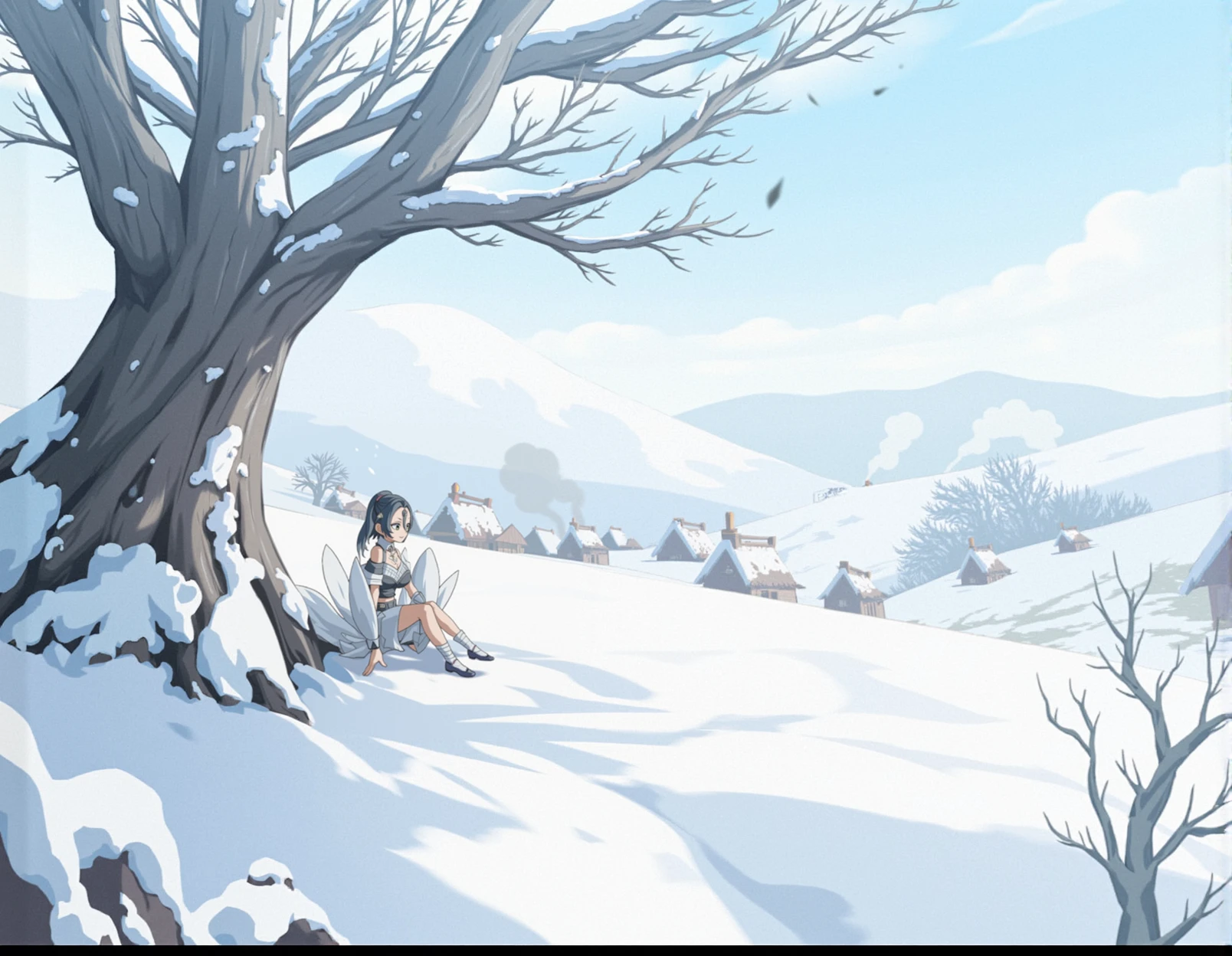 <lora:v15_zzz_comix2_000005750:1> zzzgamecomix style, breathtaking winter wonderland with rolling hills blanketed in pristine, glistening snow. A large, ancient tree, its branches frosted with delicate ice crystals, stands prominently on the left, its bare limbs reaching gracefully into the sky. Beneath the tree, a woman dressed in a flowing, silver gown is seated, her gaze fixed on the serene, snowy landscape before her. She is surrounded by a blanket of snow, with delicate snowflakes gently falling around her. In the distance, the roofs of quaint, snow-covered cottages can be seen nestled among the hills, with smoke curling up from their chimneys, adding warmth to the cold scene. The sky is a soft, pale blue, dotted with fluffy white clouds, and the entire scene exudes a magical, tranquil ambiance. The image has a dreamlike quality, with imaginative costumes, mythical settings, and a serene, enchanting atmosphere that evokes the beauty and stillness of winterâââ