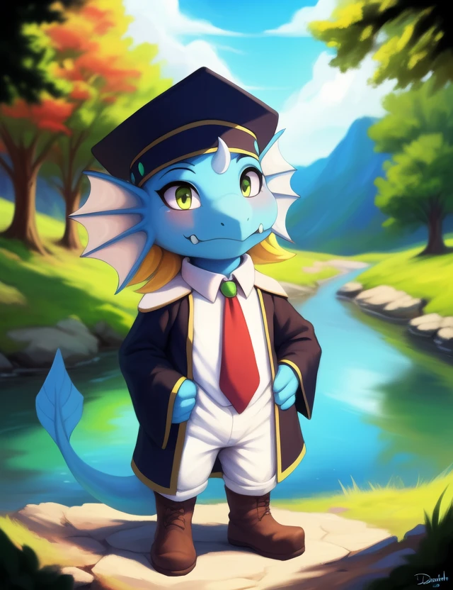 <lora:QinusAxiaYif:1> QinusAxia, blue skin, green eyes, red tie, tail, fangs, hat, cloth, black robe, white shirt, boots,  Chibi, 
Looks at the viewer, (Hands on hips, standing,) green brooch on the neck, 
[River, lake, grass, trees, day, sky with clouds, ]
(beautiful, aesthetic, perfect, delicate, intricate, saturated colors), masterpiece, digital drawing, best quality,
[by dagasi|ancesra:0.6], [by foxovh|personalami:0.5], [by einshelm|tom_fischbach],