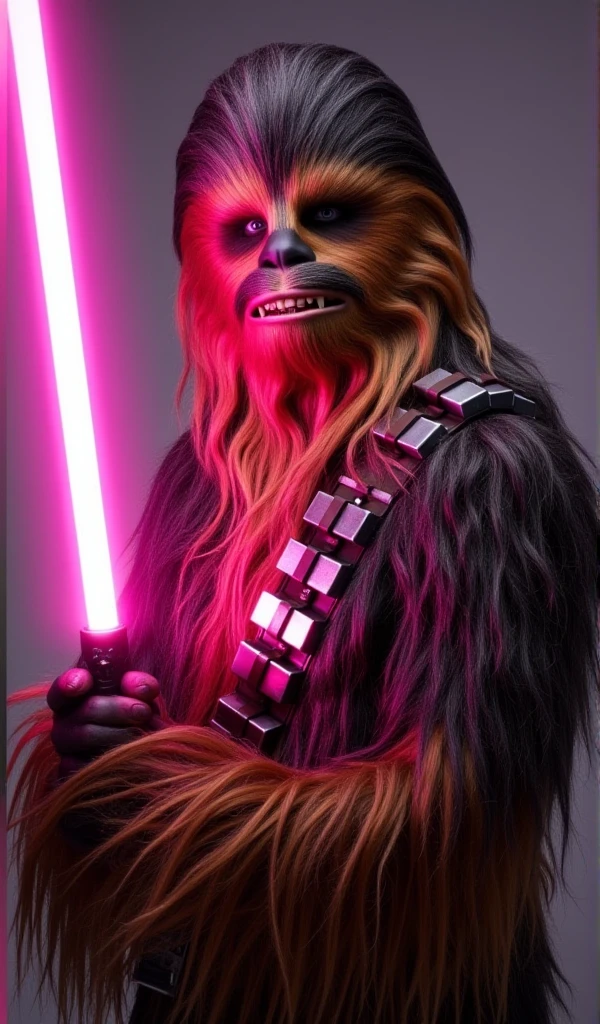 a full body chewbacca is a jedi with a pink light saber, star wars background <lora:Chewbacca:0.8>