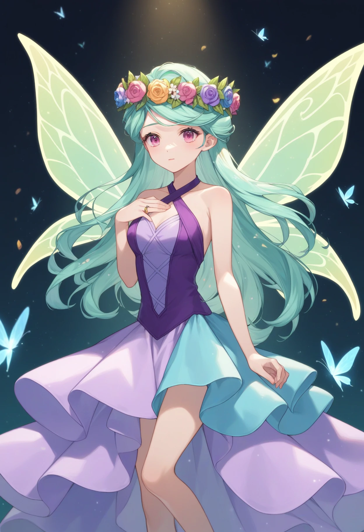 score_9, score_8_up, score_7_up, source_anime,
BREAK
1girl, solo, pink eyes, green hair, long hair, criss-cross halter, fairy costume, enchanted meadow, fluttering butterflies, ethereal glow, magical wings, shimmering pixie dust, woodland creatures, flower crown, secret glade, gentle breeze, fairy ring, whimsical fantasy,