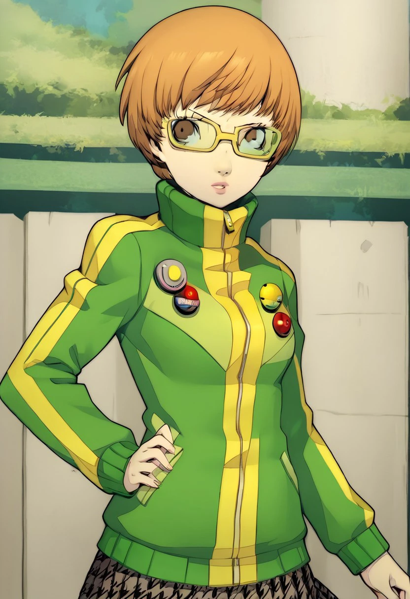 Satonaka Chie, 1girl, solo, short hair, skirt, brown hair, brown eyes, jacket, pleated skirt, glasses, bike shorts, track jacket, green jacket, badge, yellow-framed eyewear, ,zipper, button badge, p3portrait