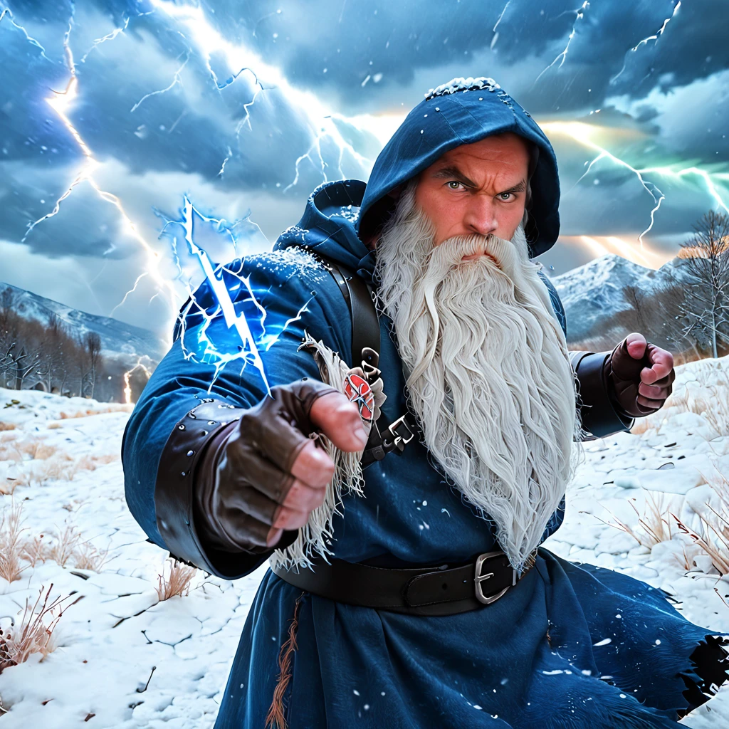 score_9, score_8_up, score_7_up, 8k expansive portrait photo of a huge  wizard,, fantasy rpg,  black leather gloves, rich blue silk hooded medieval robe,  silver jewelry with diamonds and sapphires,  (action pose: 1.2), (casting a  lightning bolt spell: 1.2) , bara, 1man, snowy mountain top, snowstorm, lightning, huge bushy white beard, long wavy white hair,  bushy eyebrows,  fat, swirling thunderclouds, dramatic lighting, hyperrealistic, detailed background <lora:Power_Beards_Pony_Version:1>