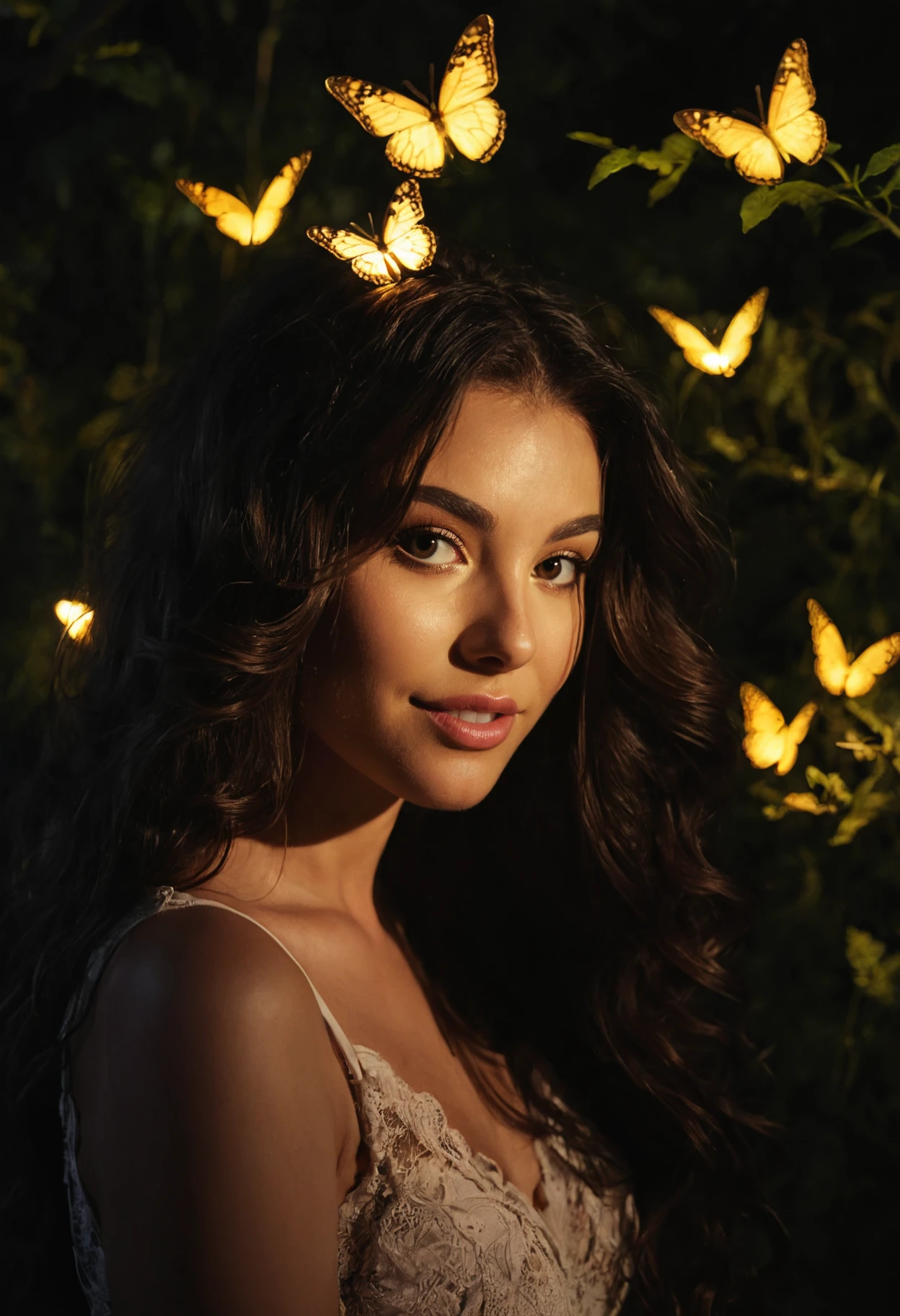 photo of a woman, face focus, m4d1s0n, light makeup, close-up, mouth focus, extremely high detail, intricate textures, extremely dark surrounding, extremely low light, nighttime setting, ultra realistic shadows, ethereal, flowing hair illuminated by glowing butterflies, seductive smile, looking at viewer while playing with her hair, vibrant colors, dreamlike atmosphere, captivating expression, magical forest background, fiery glow, enchanted lighting, expressive eyes reflecting the glowing light, soft, ethereal glow around the figure, delicate and detailed facial features, golden light, intricate patterns in the background,   <lora:Madison_Beer_2017_SDXL:.9>