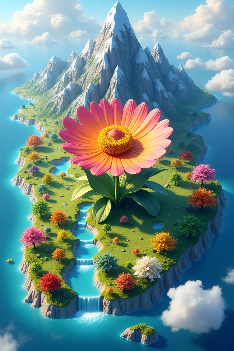 4seasonaerial, a fantasy world map featuring a giant colorful flower. It is surrounded by a vast ocean. There are colorful flowers, green plains, orange trees, and frozen mountains There are rivers, lakes, hills, ravines