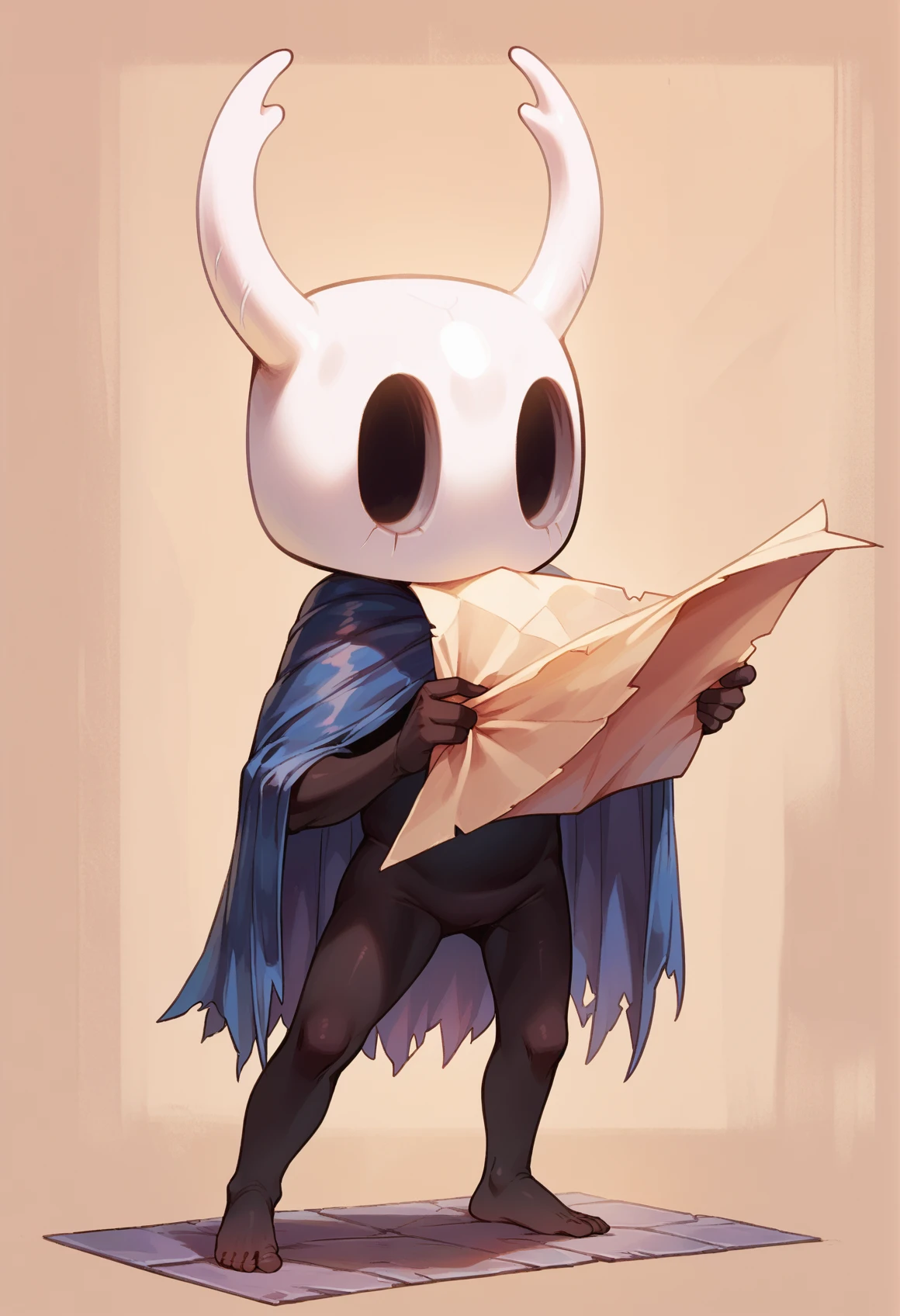 1other, <lora:knight_hollow_knight-000010:1>, knight_\(hollow_knight)\, horns, blue cloak, black skin, mask, hollow eyes, standing, full body, holding map, score_9, score_8_up, score_7_up, score_6_up