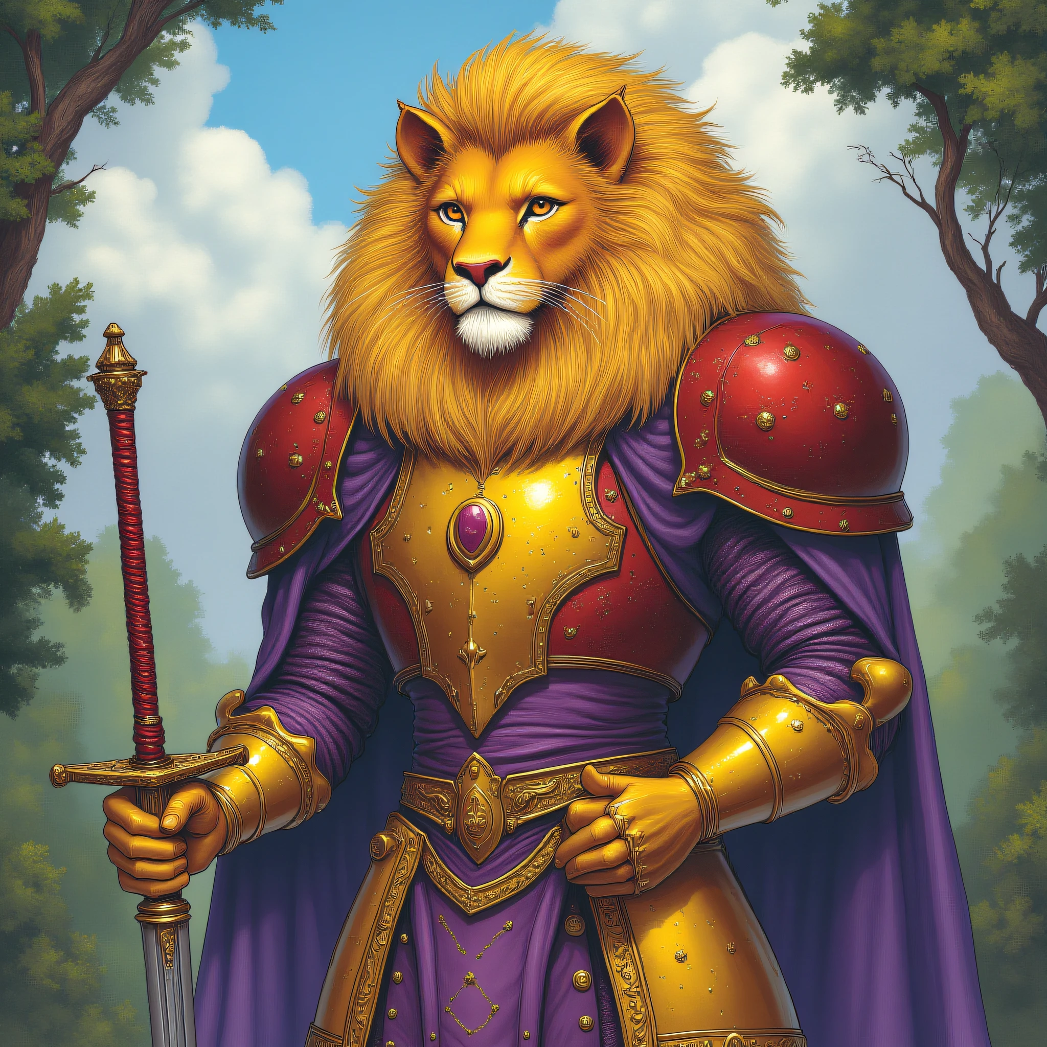 ArsMJStyle, Wonderland, The image shows a lion wearing a golden and purple plate armor holding a sword in its hand standing in front of a backdrop of trees and clouds in the sky