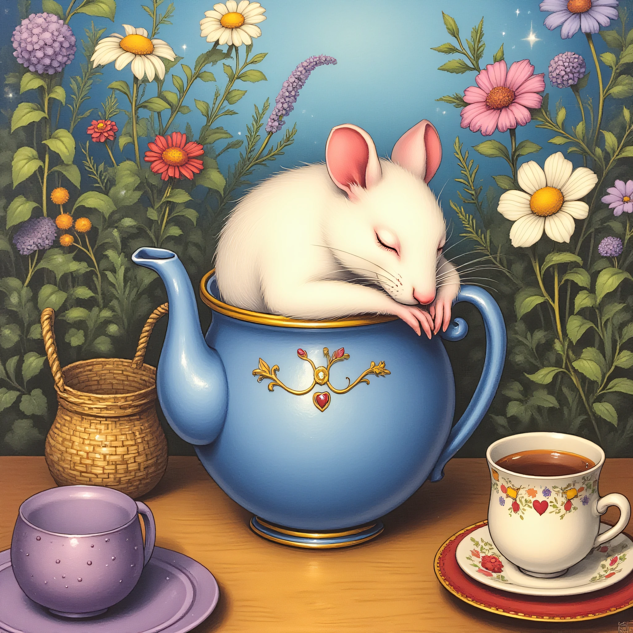 ArsMJStyle, Wonderland, The image shows a painting of a mouse sleeping in a teapot surrounded by a basket of flowers a plate and a teacup on a table. The mouse is white and black in color and the background is a mix of blue and white., no humans, flower, mouse, closed eyes, animal, cup, sleeping, white flower, plant, teacup, teapot, cat, animal focus, purple flower