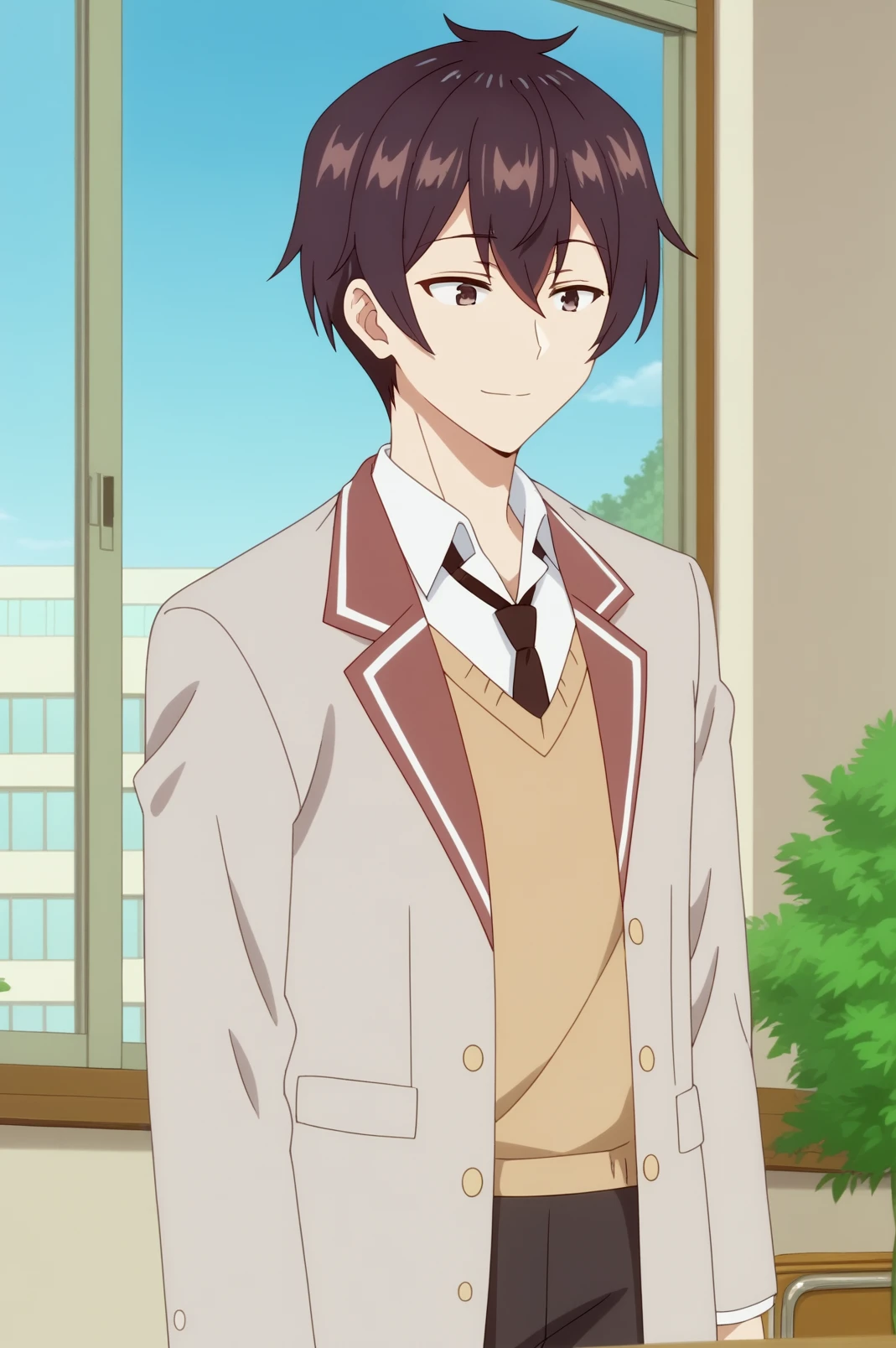 masachika kuze,anime screencap,male focus,solo,mature,short hair,school uniform,black hair,hair between eyes,light smile,indoors,school uniform,necktie,white shirt,classroom,windows,sky,plant,standing <lora:Masachika_Kuze - PDXL2.safetensors:0.8> <lora:detailed_backgrounds_v2:0.8>