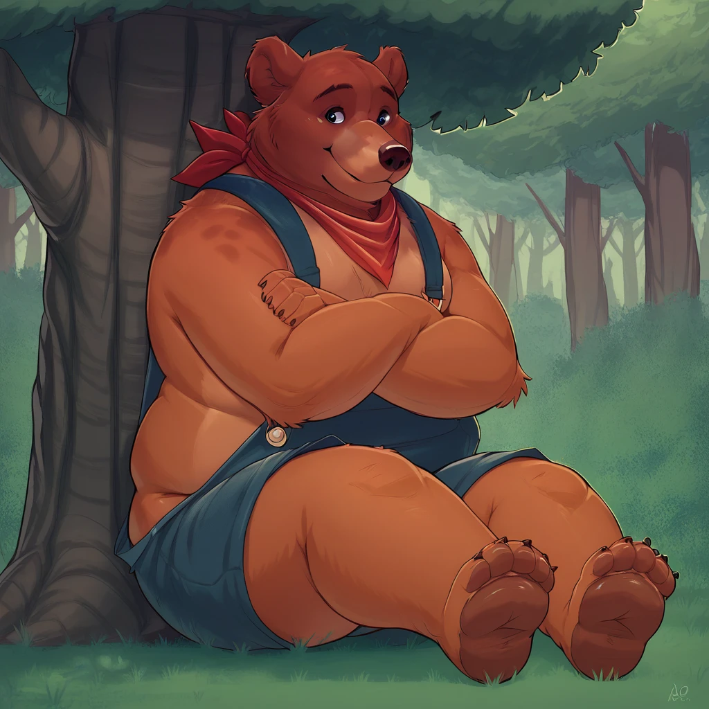 score_9, score_8_up, score_8, furry, Rusty, bear, brown fur, cartoon style, 2d, overweight male, chubby, fat, pecs, voluptuous, thick thighs, wide hips, neckerchief, overalls, nude under overalls, sitting under tree, arms crossed, relaxing, smile, looking at viewer, back against tree, outside, forest