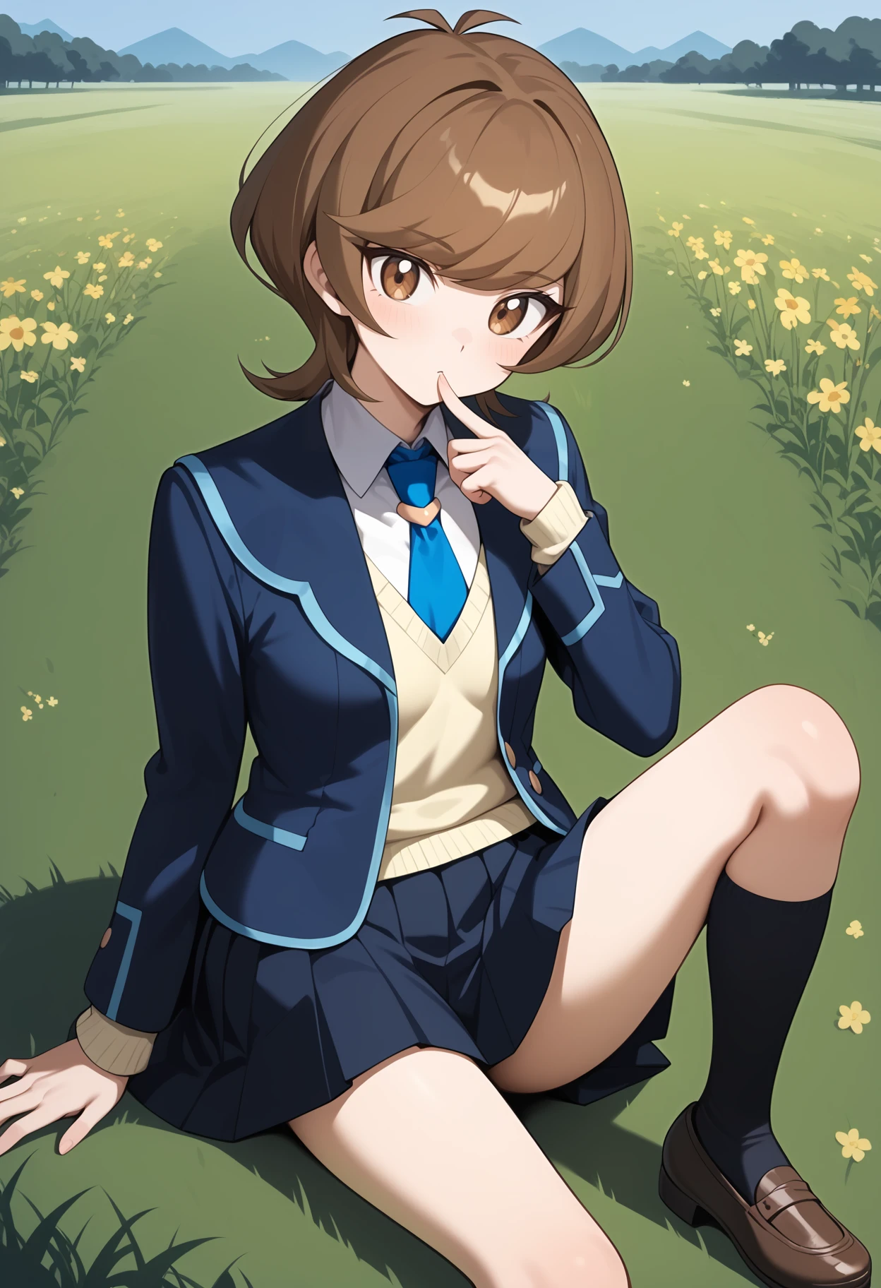 score_9, score_8_up, score_7_up, score_6_up, score_5_up, score_4_up, source_anime, aaaoi, short hair, brown hair, brown eyes, small breasts, school uniform, blue necktie, blazer, blue jacket, yellow sweater, long sleeves, pleated skirt, black skirt, <lora:zaizen_aoi_ponyxl_v1:0.9>, field, on floor, sitting, socks, mary janes,