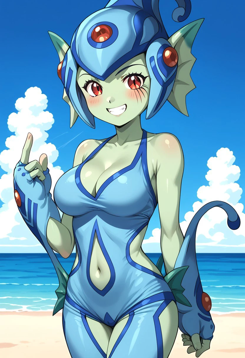 score 9, score 8 up, score 7 up,digimon, digimon frontier, ranamon, 1girl, breasts, solo, smile, red eyes, colored skin, looking at viewer, cleavage, green skin,colored skin, monster girl, gloves, navel, helmet, fingerless gloves, navel cutout, blush, head fins, blue gloves, clothing cutout, side cutout, large breasts, cropped legs, teeth, fins, bare shoulders, blue headwear, medium breasts,blue skin,sky,five finger