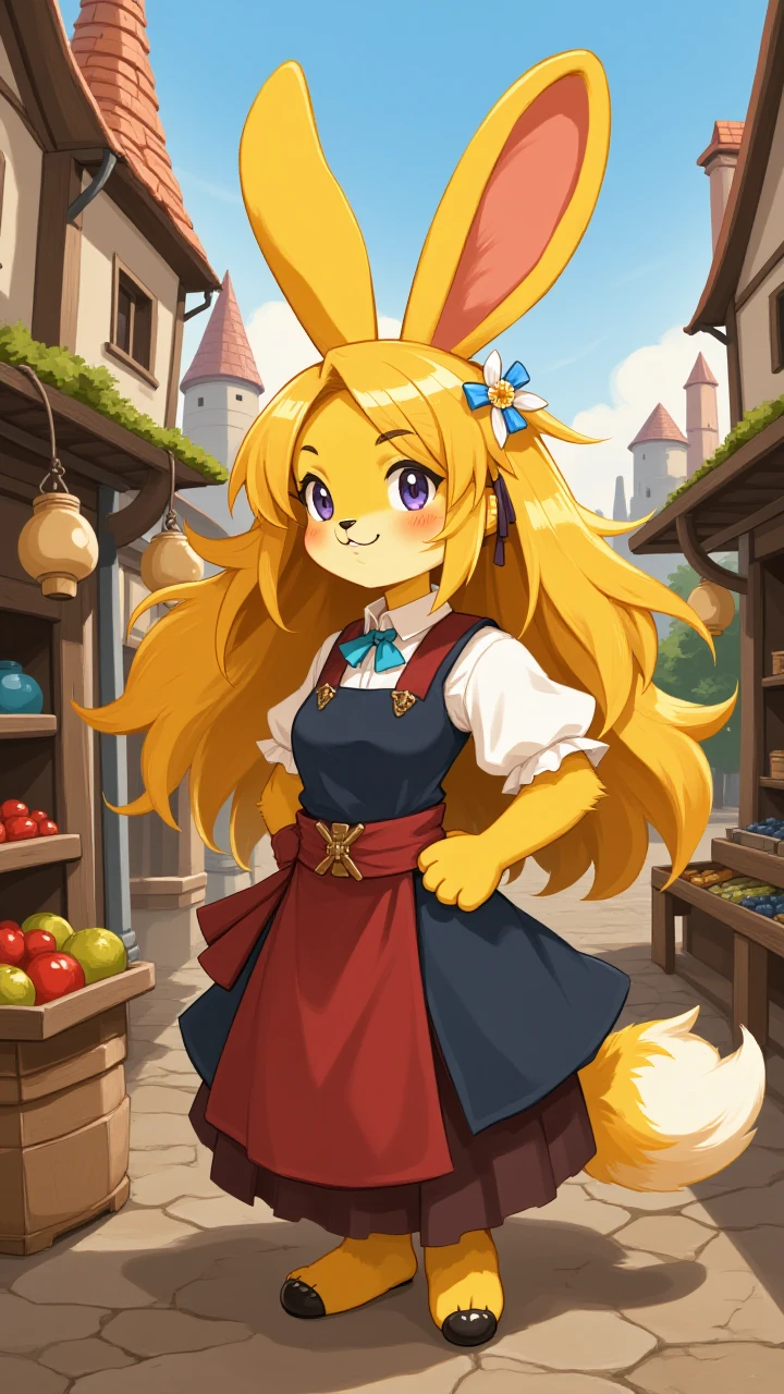 (rabbit girl),yellow fur, slight smile, happy, (dressed as a shopkeeper),hand on hip, medieval town in the background