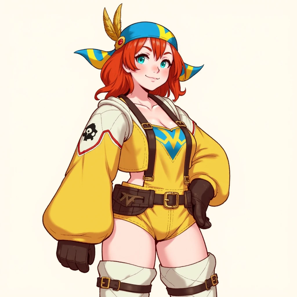 digital drawing of minaylemhr with red hair. She wears a blue and yellow bandana on her head, adorned with a golden feather. She also has yellow, long-sleeved overalls with a distinctive, striped pattern, and leather gloves. she wears knee-high, white, quilted leggings with brown straps and buckles